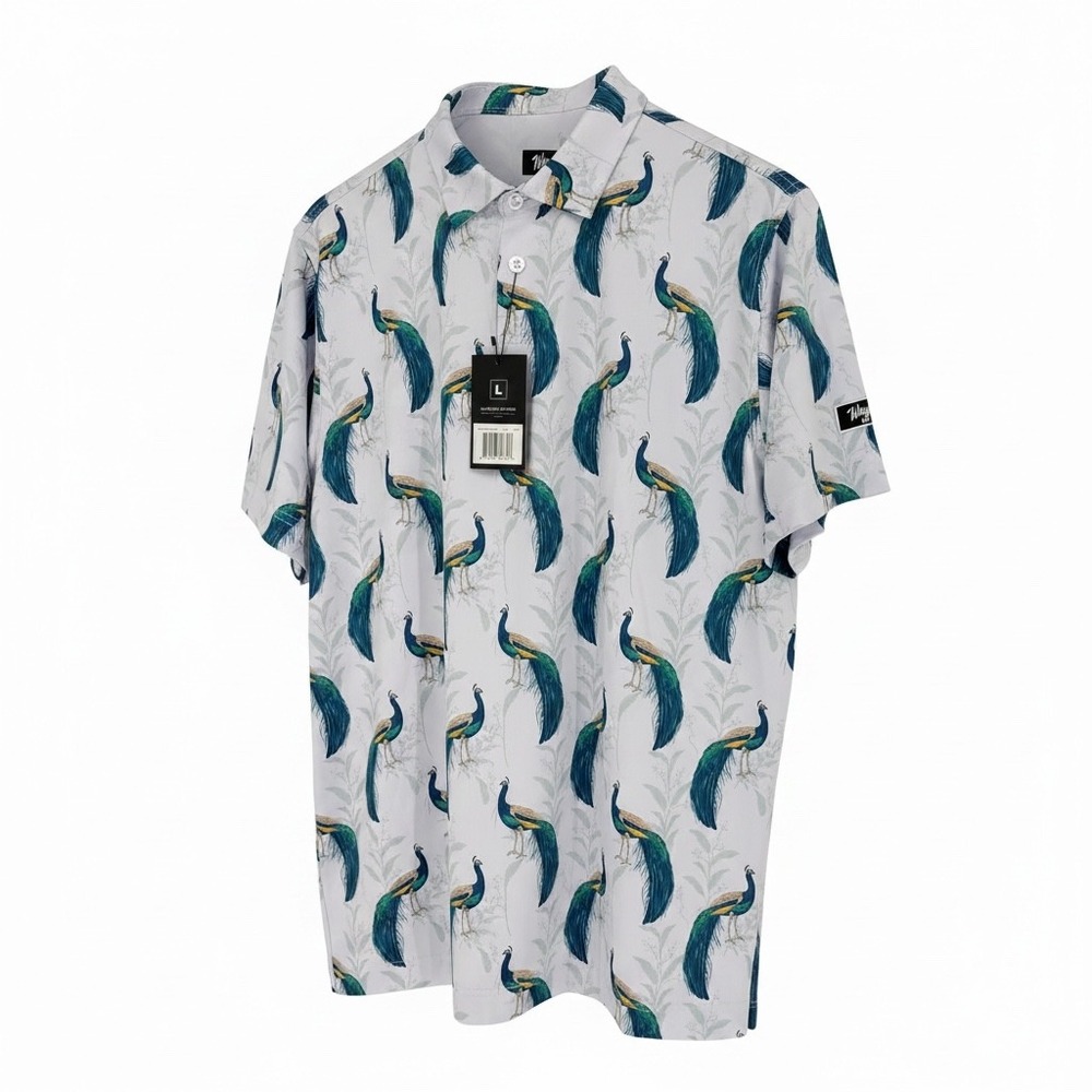 Waggle Peacocking Polo Men Large White Blue Peacock Print Golf Performance Shirt - Picture 1 of 8